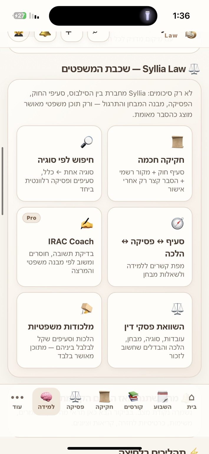 צילום מסך מקורי מתוך Syllia Law: חקיקה חכמה, חיפוש לפי סוגיה, IRAC Coach והשוואת פסקי דין